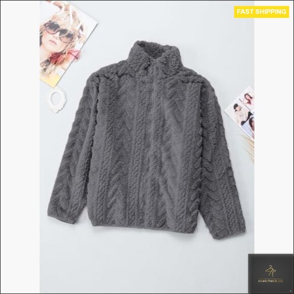 Oversized Fleece Jacket Cozy Winter Casual Zipper Stand Collar Chic - Picture 4 of 7